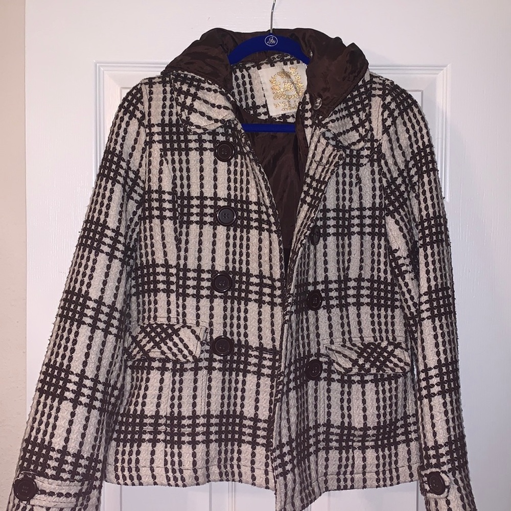 Wet Seal Brown and cream jacket/coat with buttons & hoodie Medium